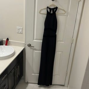 Black backless long cocktail dress with velour details